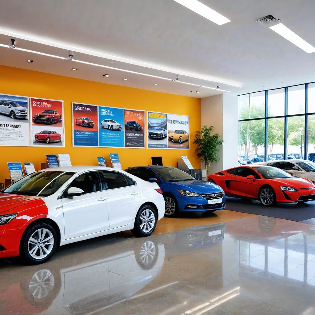 A sleek car rental office interior with vibrant posters showcasing various vehicle leasing options. A friendly staff member assists a happy family in choosing their perfect car, with keys and brochures scattered on a modern reception desk. Bright sunlight streams through large windows, creating an inviting atmosphere. The background features diverse cars in a colorful assortment. super-realistic. vibrant colors. bright and airy.