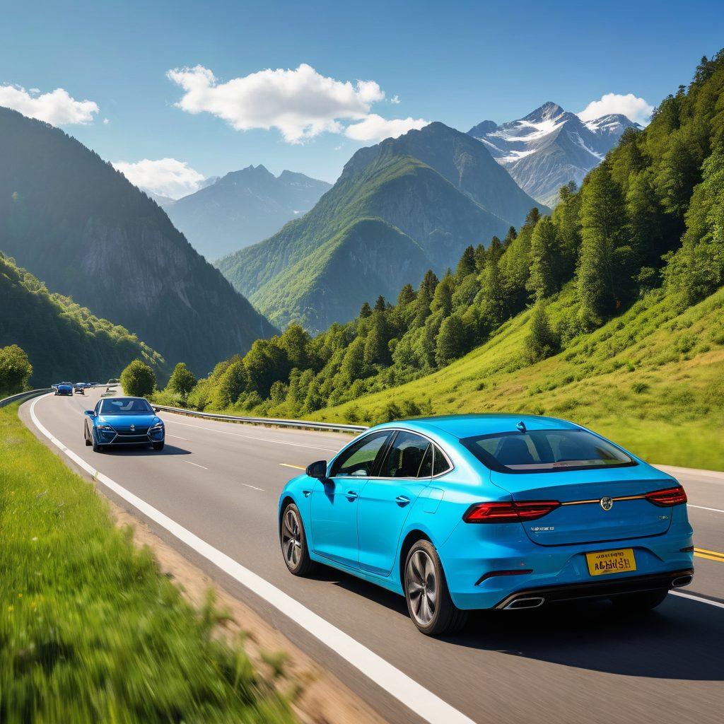 A dynamic scene depicting a self-drive car and a luxurious chauffeur car parked on a scenic highway. In the background, lush green mountains and a bright blue sky create a sense of freedom and adventure. A diverse group of people can be seen happily engaging in conversations around the cars, symbolizing choice and convenience in transportation. Include visual elements of a road map and rental agreement hovering above, to emphasize guidance and options. vibrant colors. super-realistic.