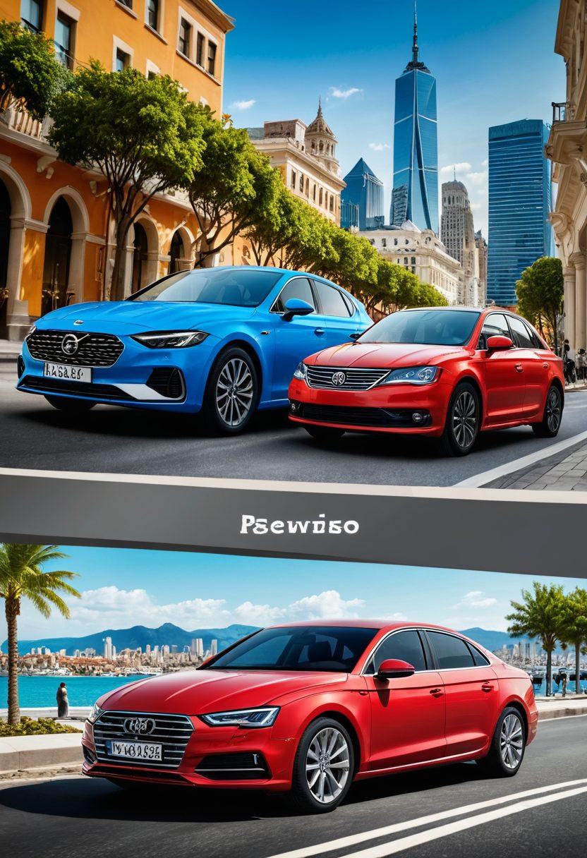 A split image showcasing two contrasting car rental experiences: on one side, an economical car parked in a bustling cityscape with budget-friendly icons (like discounts and coupons) floating around; on the other side, a luxury car set against a scenic backdrop with elegant details, showcasing premium services and high-end features. The transition between economy and luxury should flow seamlessly, emphasizing the journey aspect. vibrant colors. super-realistic.